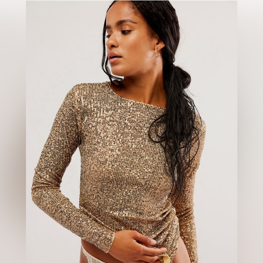 Free People Gold Rush Long Sleeve Sequin Sparkle Shirt
